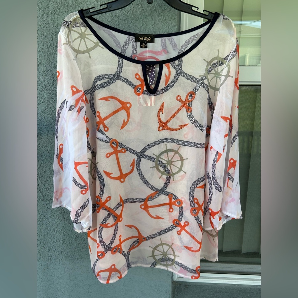 Cal Style Made In USA Nautical Themed Embellished Slightly Sheer Top Size XL